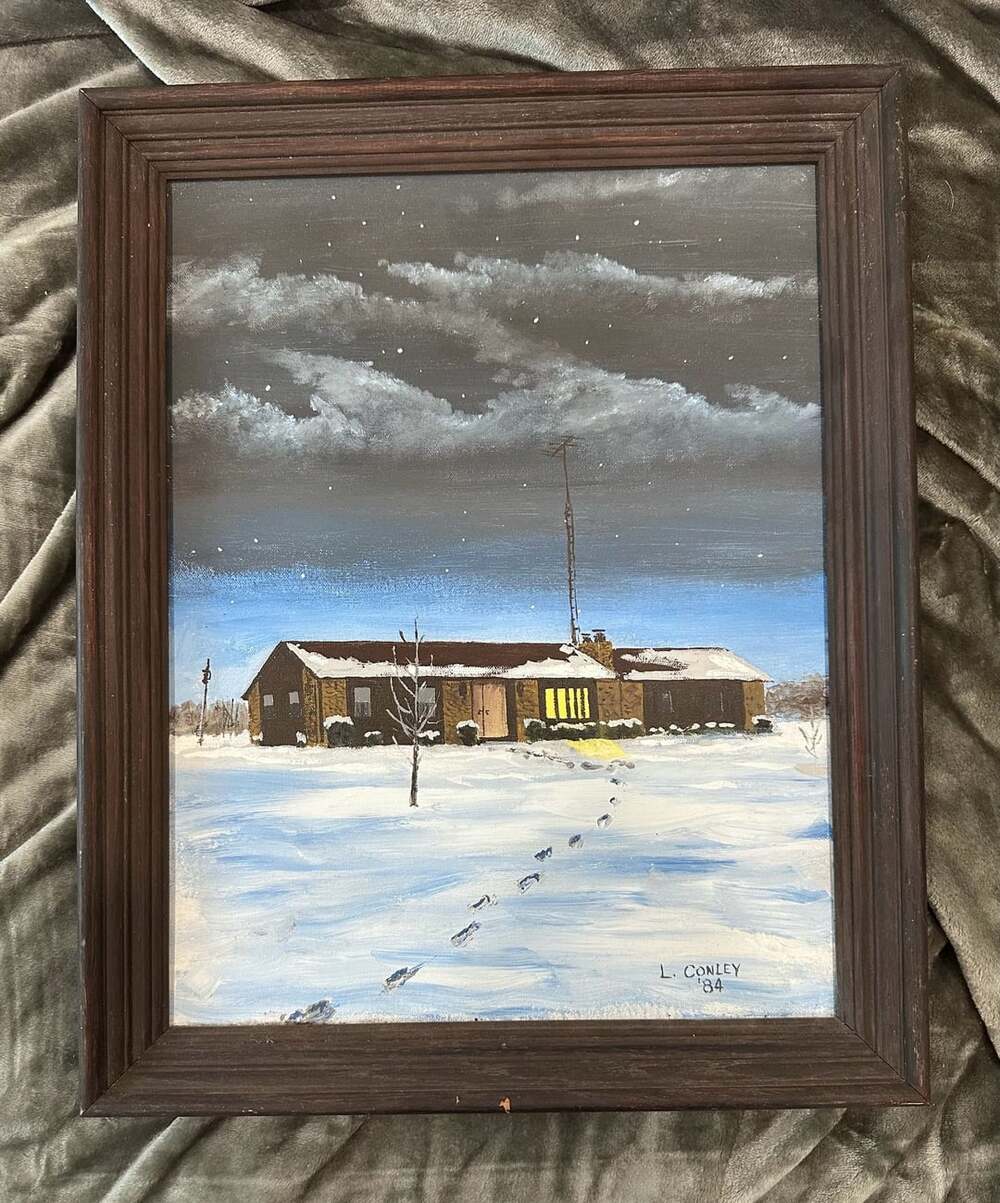 L. Conley Original Winter Snow House Oil Painting Framed Dated 1984
